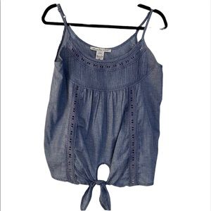 American Rag Denim Blue Tank Top with Tie Bottom and Lace Detail Size M